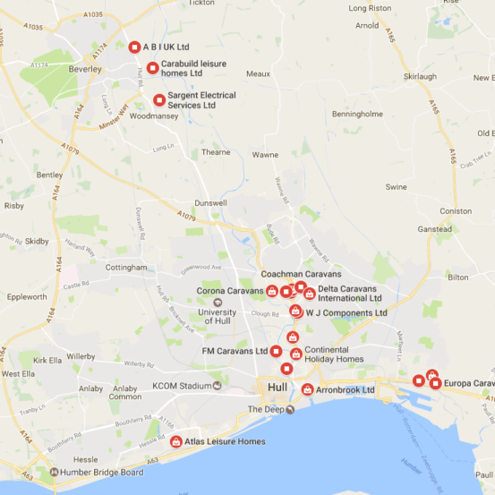 This is a map of all the static caravan manufacturers in hull